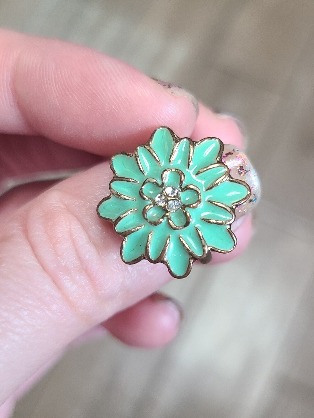 Gold Tone and Teal Enamel Flower Ring Adjustable Size 6.5